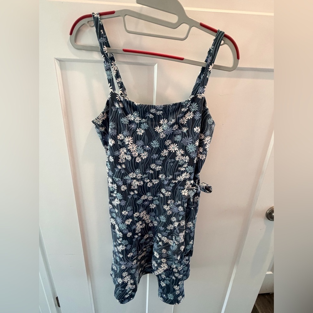SO Blue Floral Tie Waist Mini Dress Sleeveless Summer Dress Medium